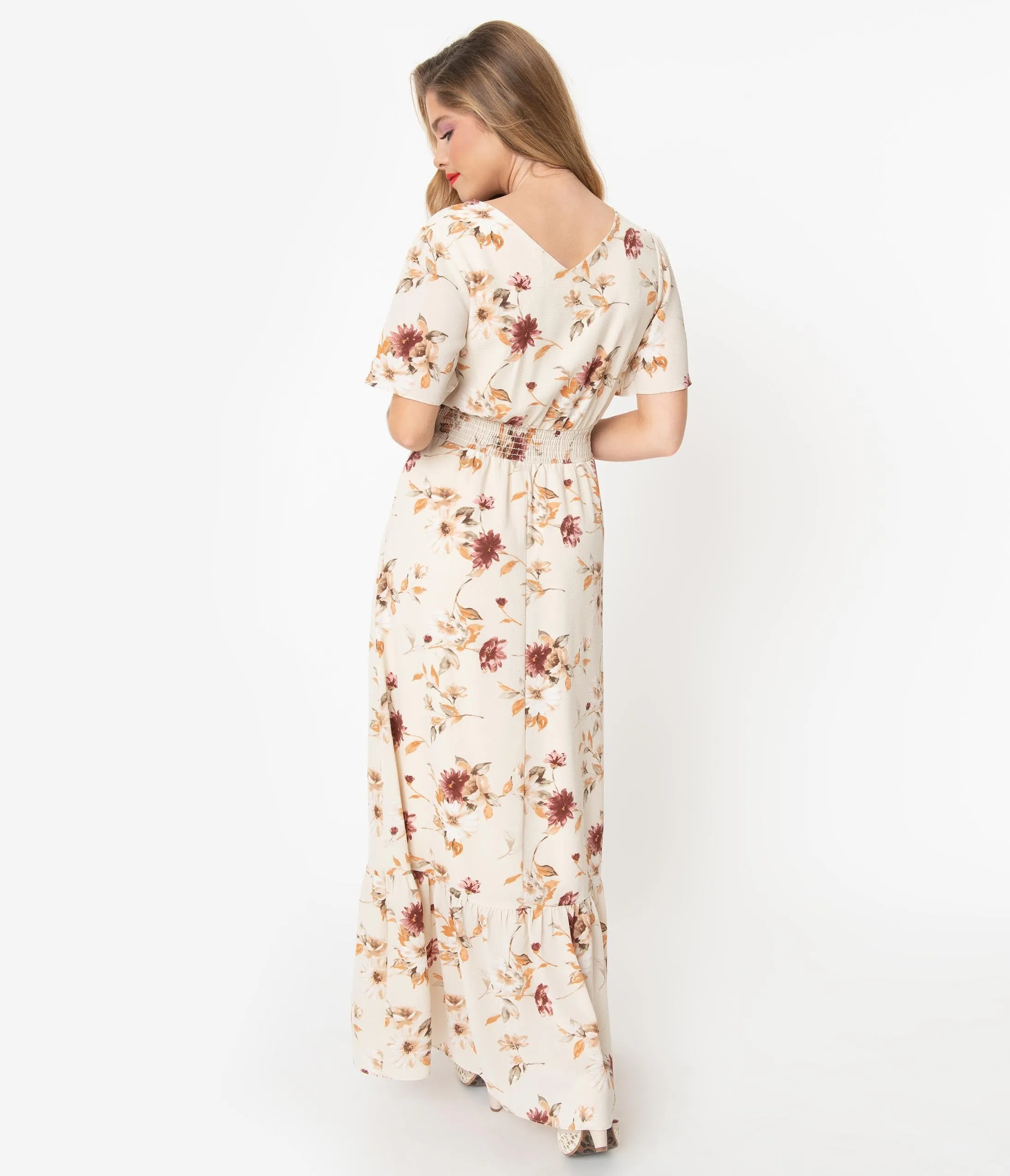 1940s Cream & Multi Floral Maxi Dress