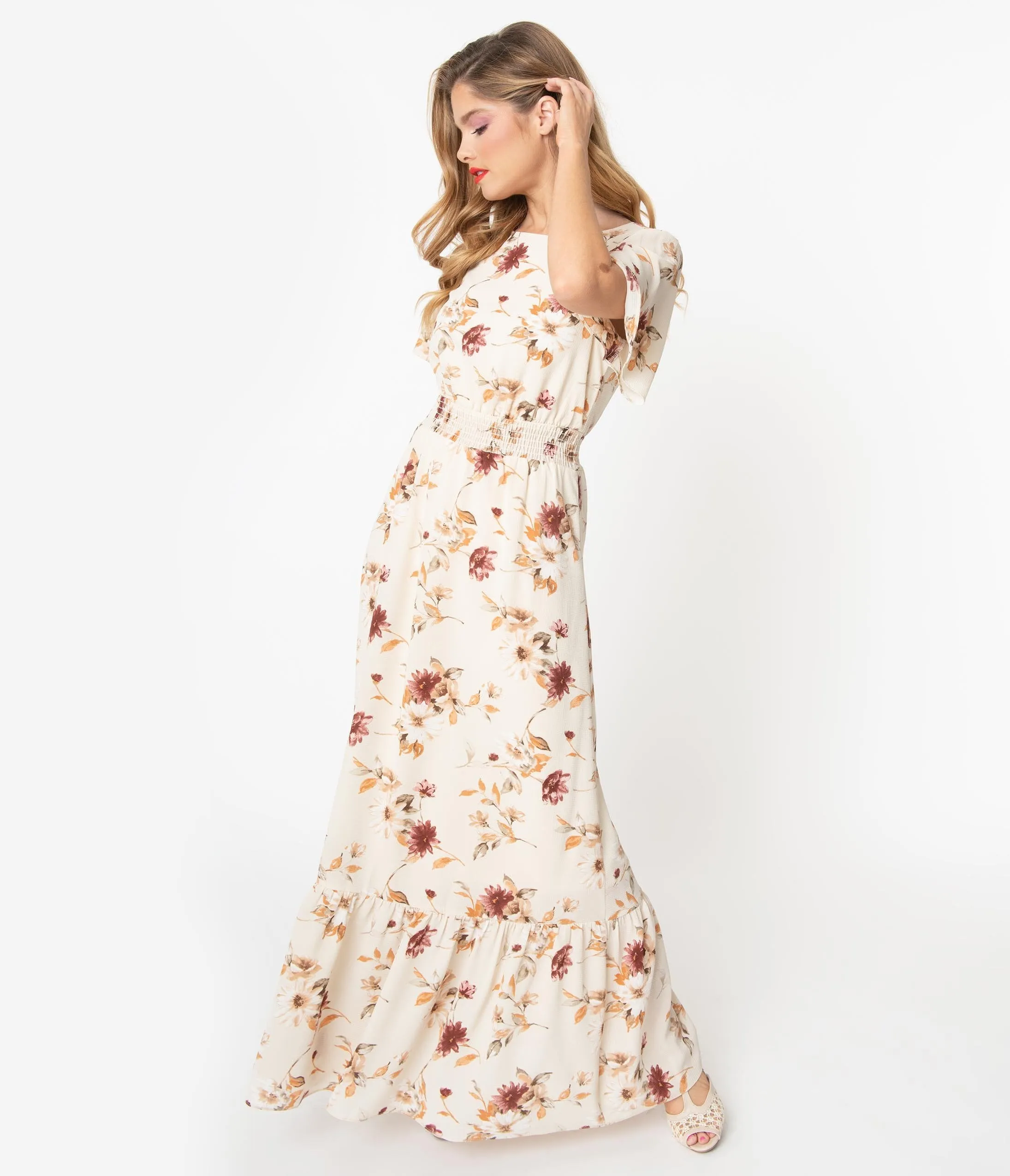 1940s Cream & Multi Floral Maxi Dress