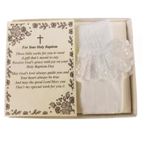 Baptism Keepsake Gift Poetry Baby Girl Socks with Ruffled Anklet Lace Embroidered Cross Design (Size: Age 1-2)