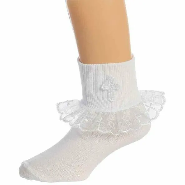 Baptism Keepsake Gift Poetry Baby Girl Socks with Ruffled Anklet Lace Embroidered Cross Design (Size: Age 1-2)