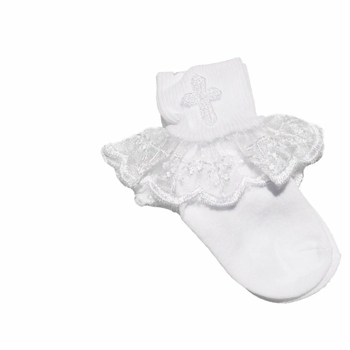 Baptism Keepsake Gift Poetry Baby Girl Socks with Ruffled Anklet Lace Embroidered Cross Design (Size: Age 1-2)