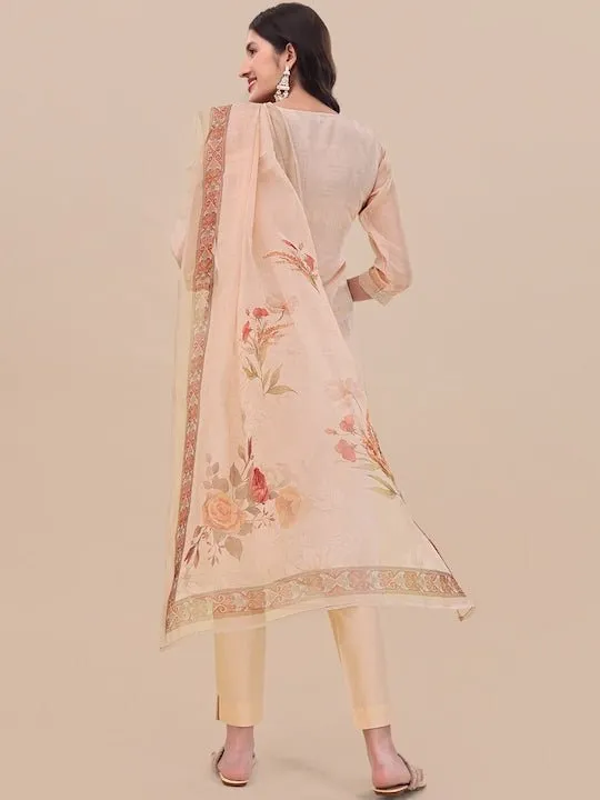 Beige Floral Printed Keyhole Neck Kurta & Trousers With Dupatta