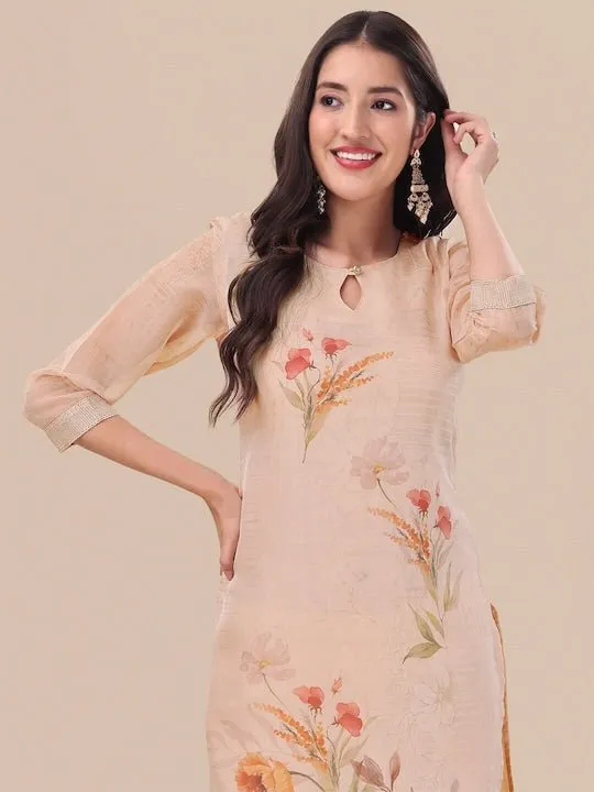 Beige Floral Printed Keyhole Neck Kurta & Trousers With Dupatta