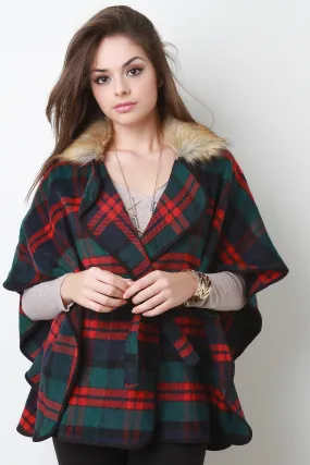 Belted Faux Fur Collar Belted Fleece Poncho