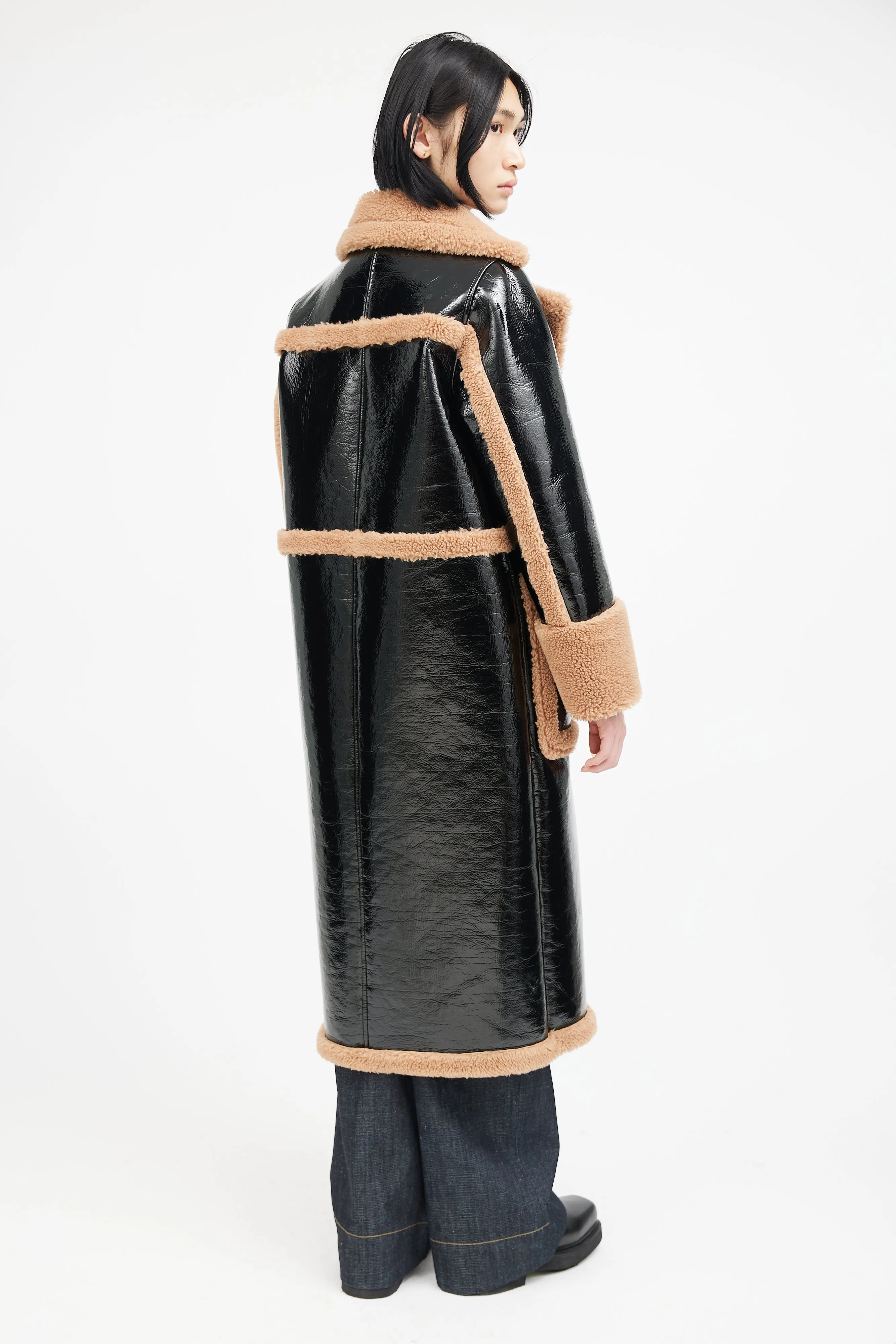 Black & Brown Patent Shearling Coat