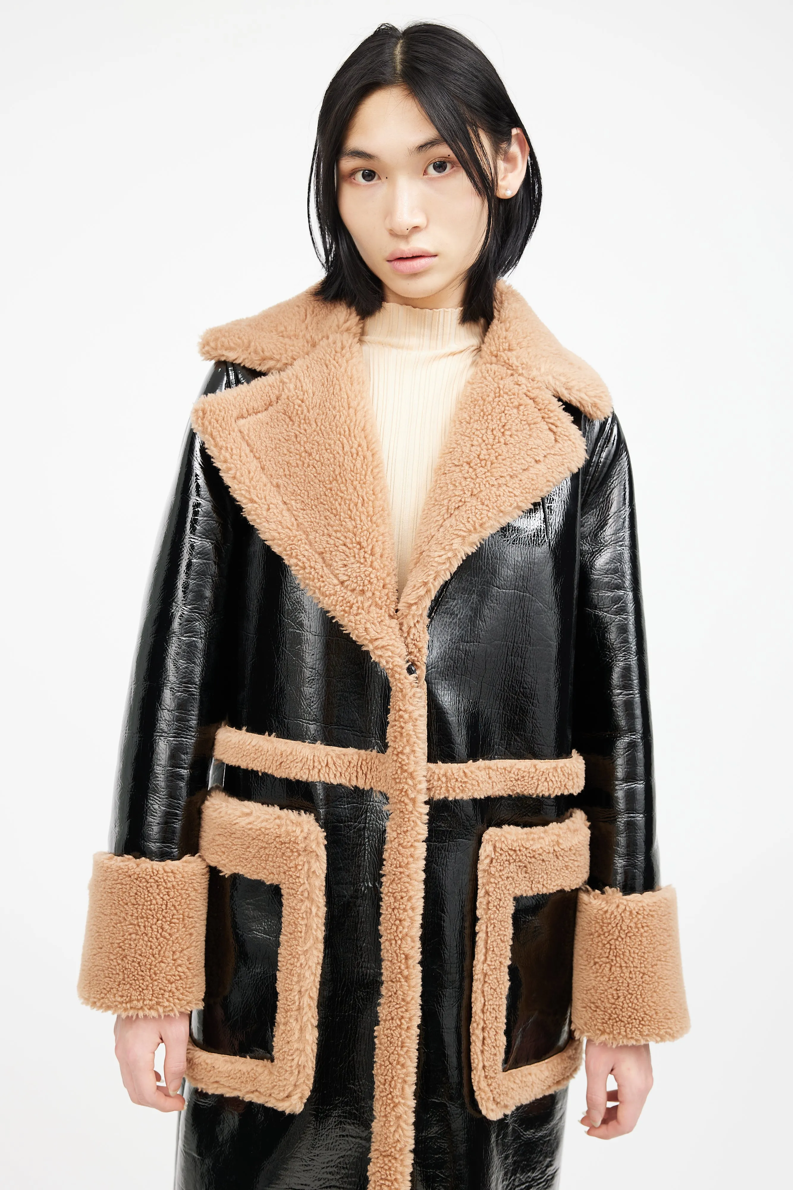 Black & Brown Patent Shearling Coat