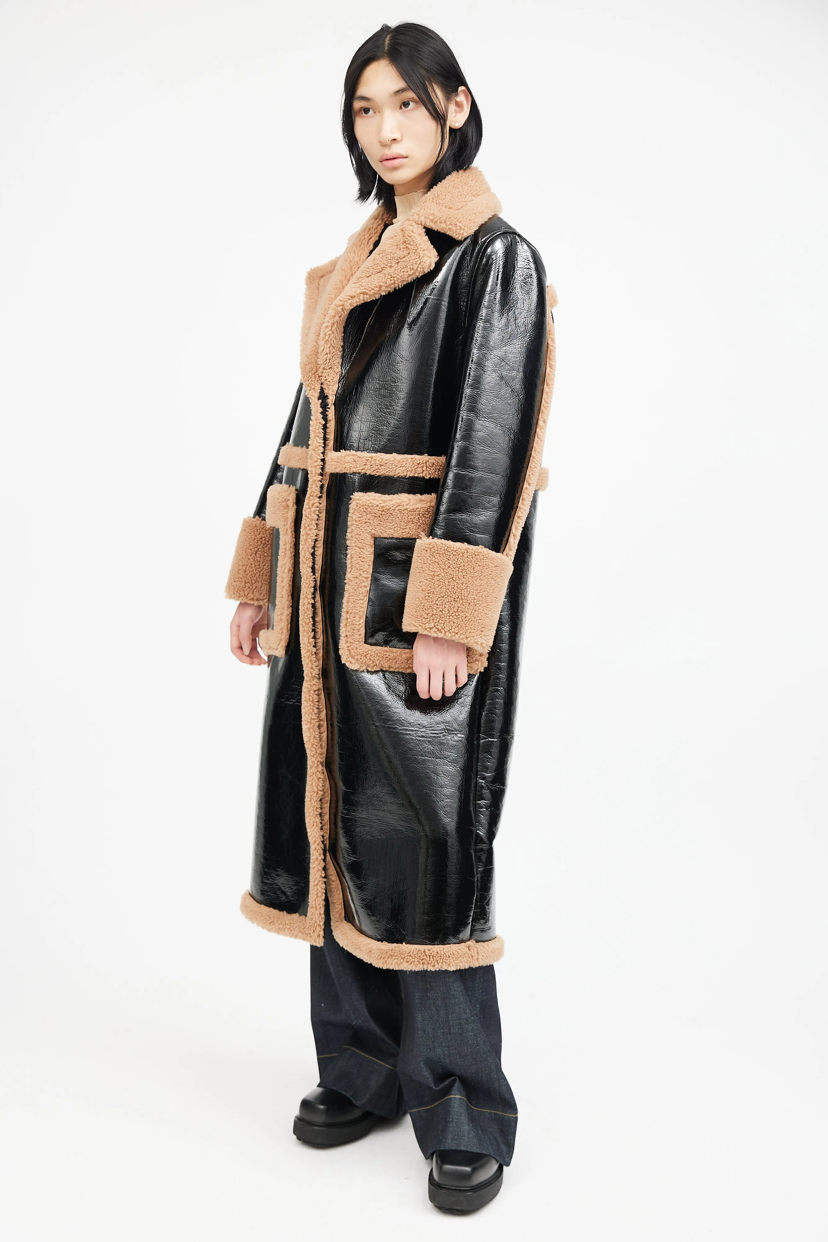 Black & Brown Patent Shearling Coat