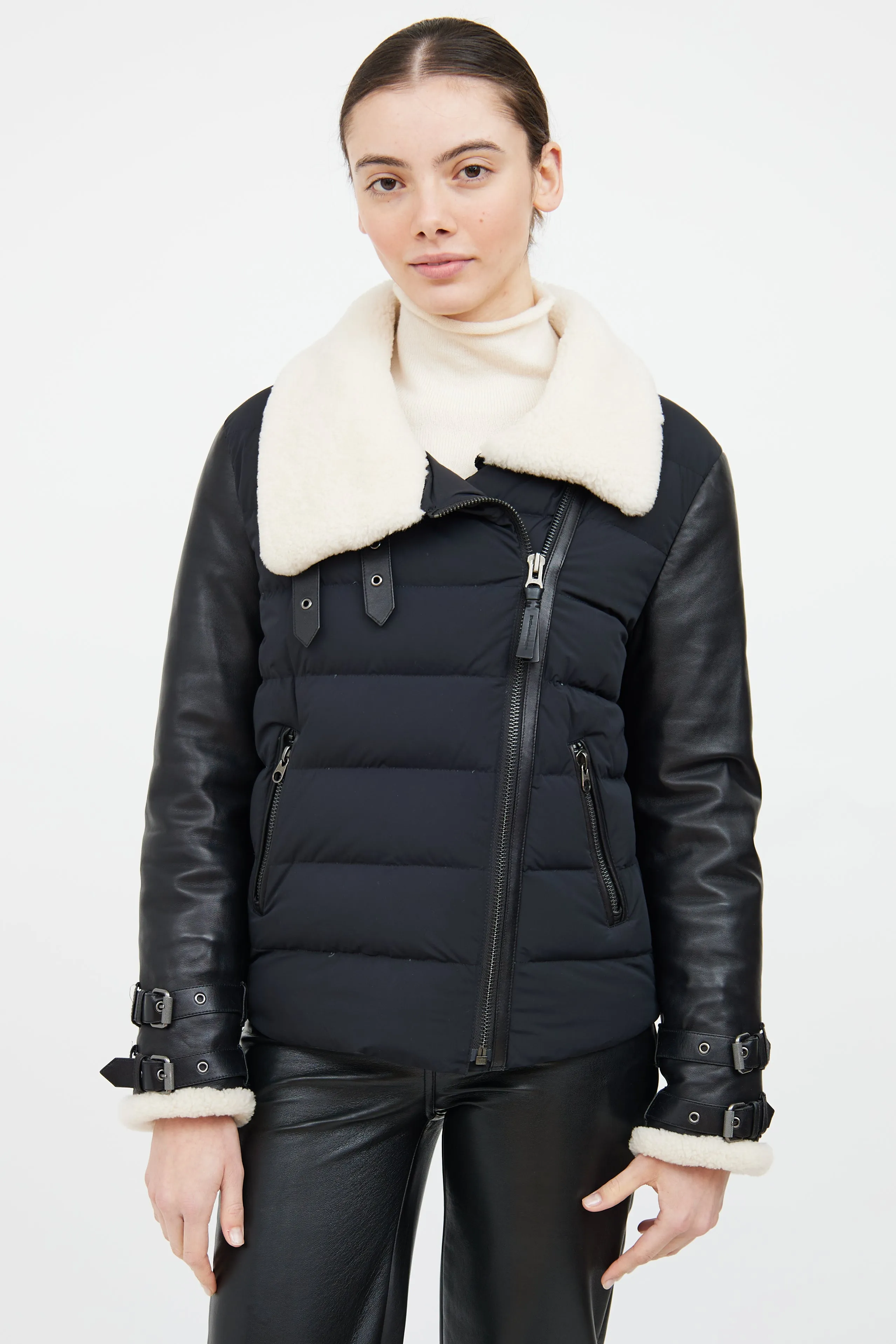 Black & Cream Leather Trim Down Jacket