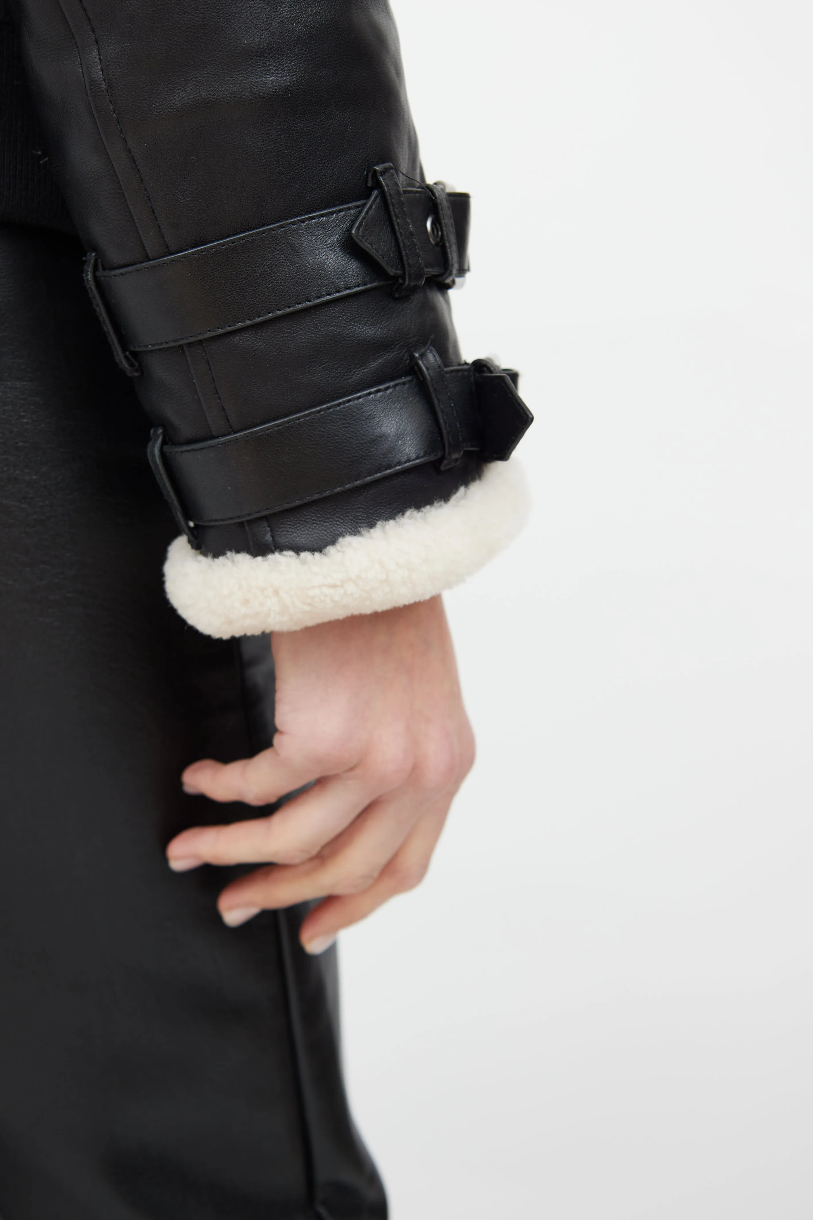 Black & Cream Leather Trim Down Jacket