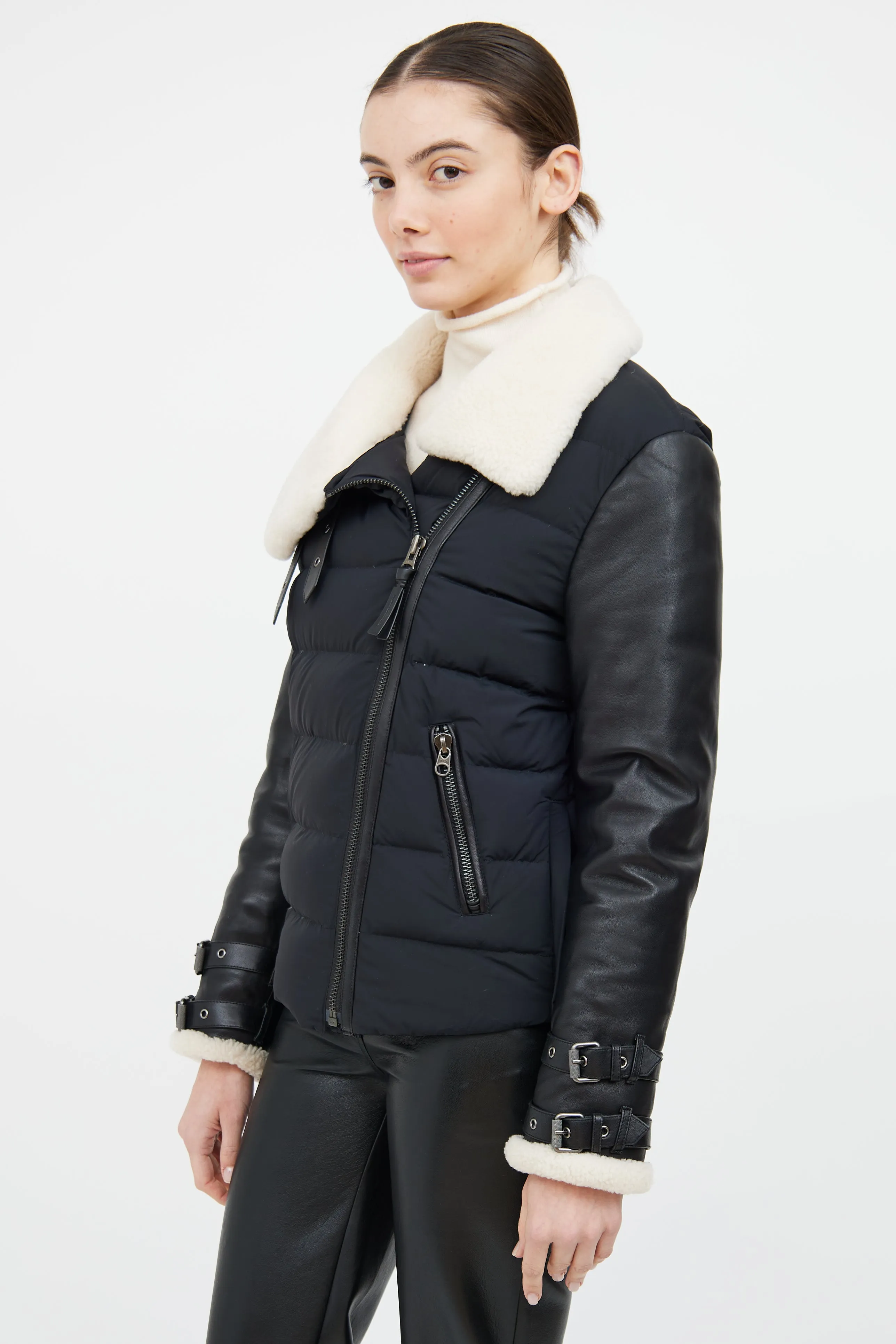 Black & Cream Leather Trim Down Jacket