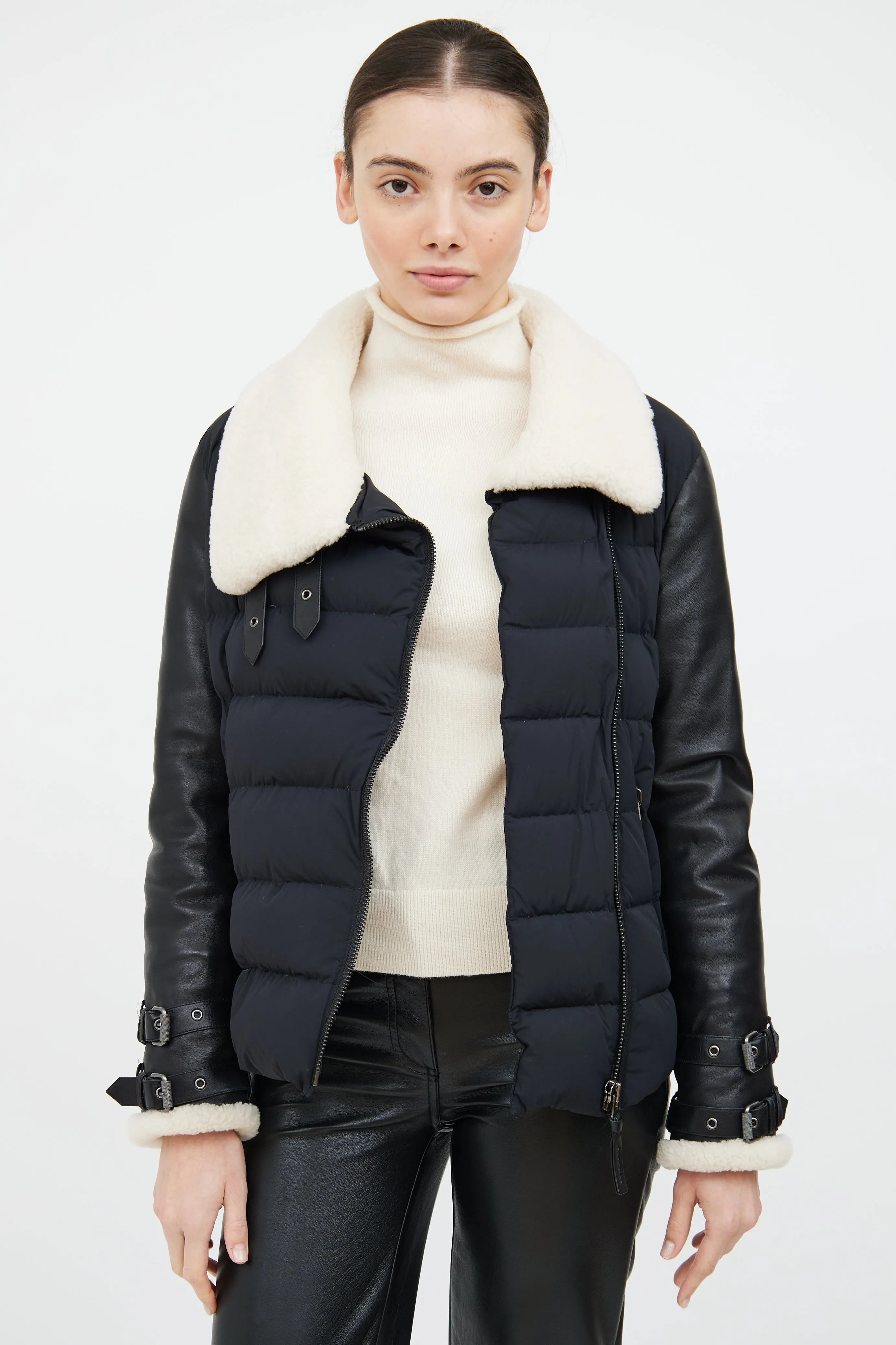 Black & Cream Leather Trim Down Jacket