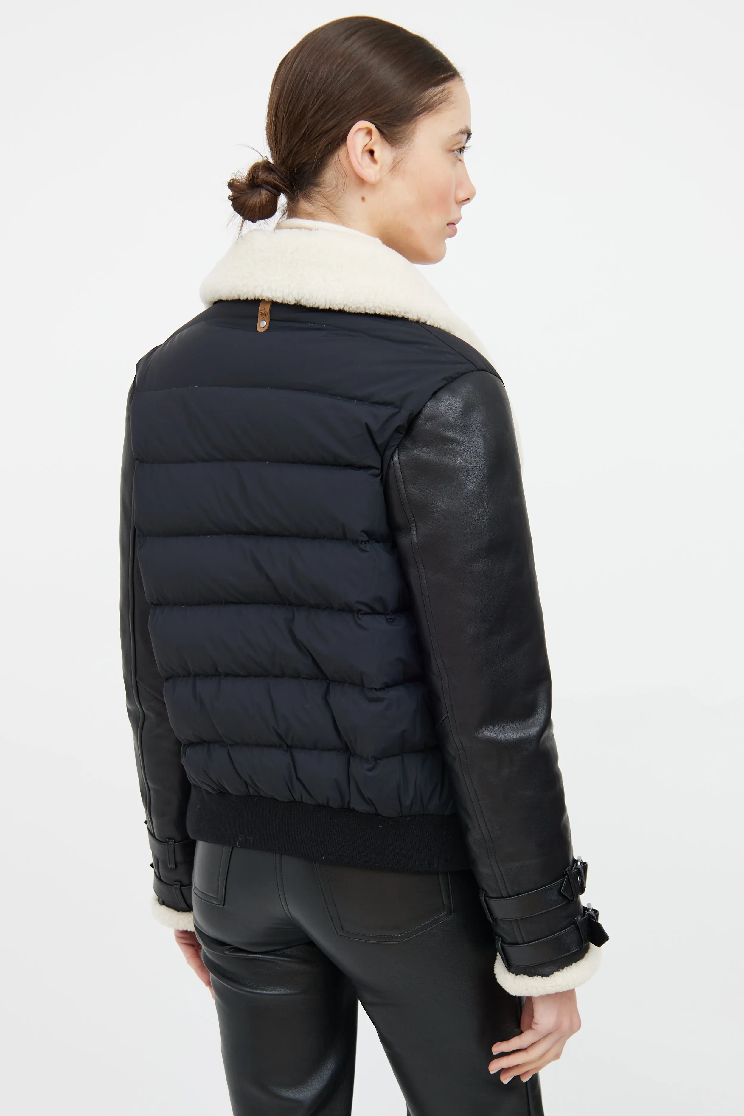 Black & Cream Leather Trim Down Jacket