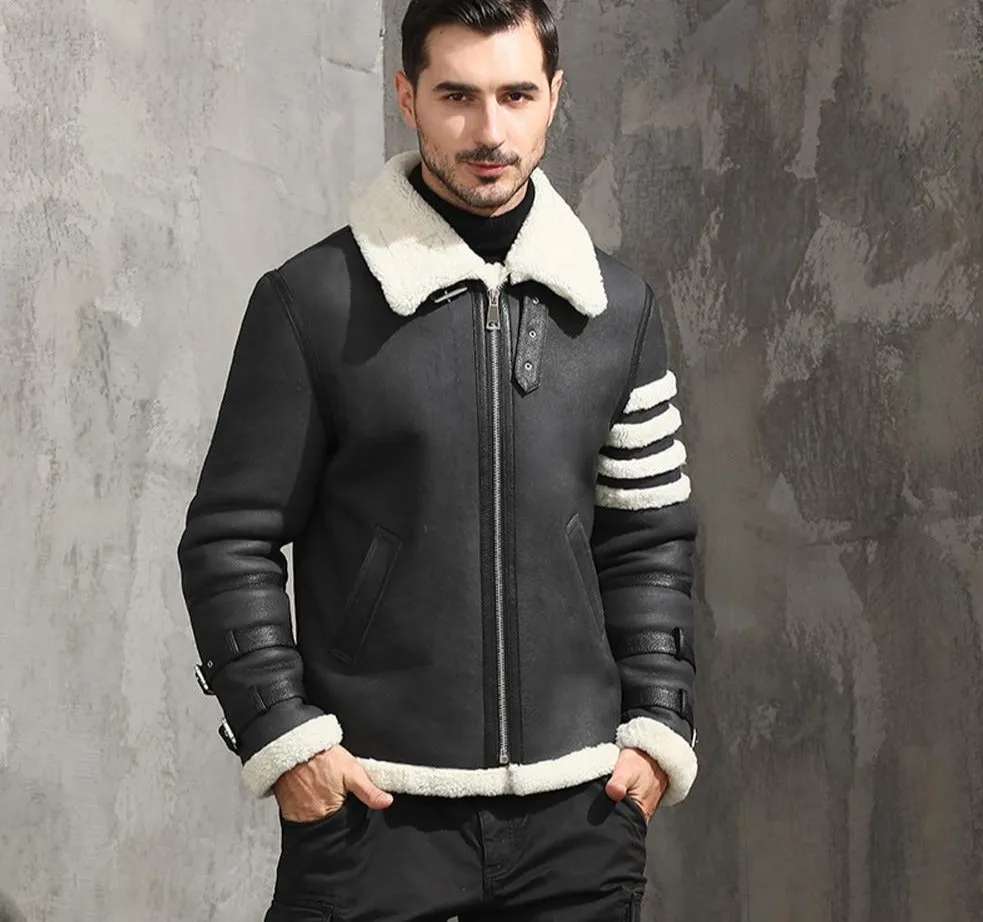 Black Genuine Leather Real Fur Shearling Slim Coat