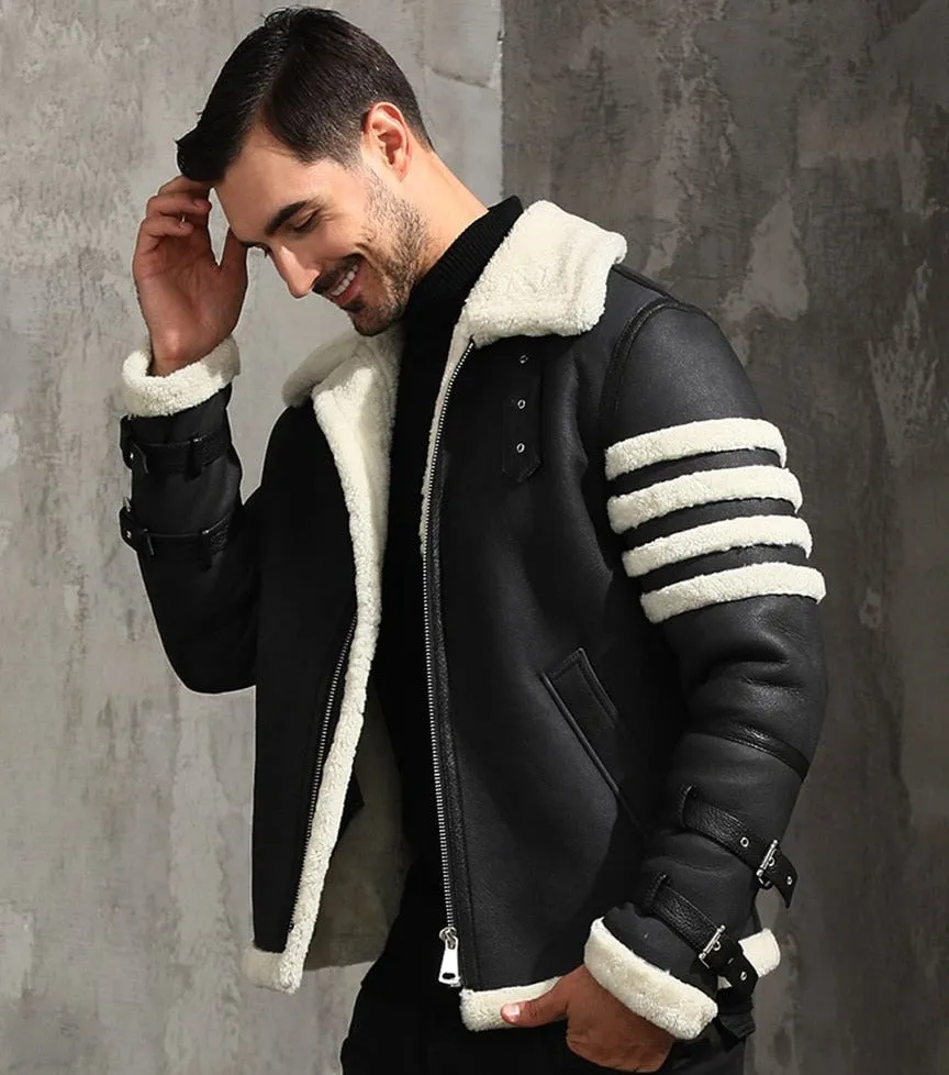 Black Genuine Leather Real Fur Shearling Slim Coat