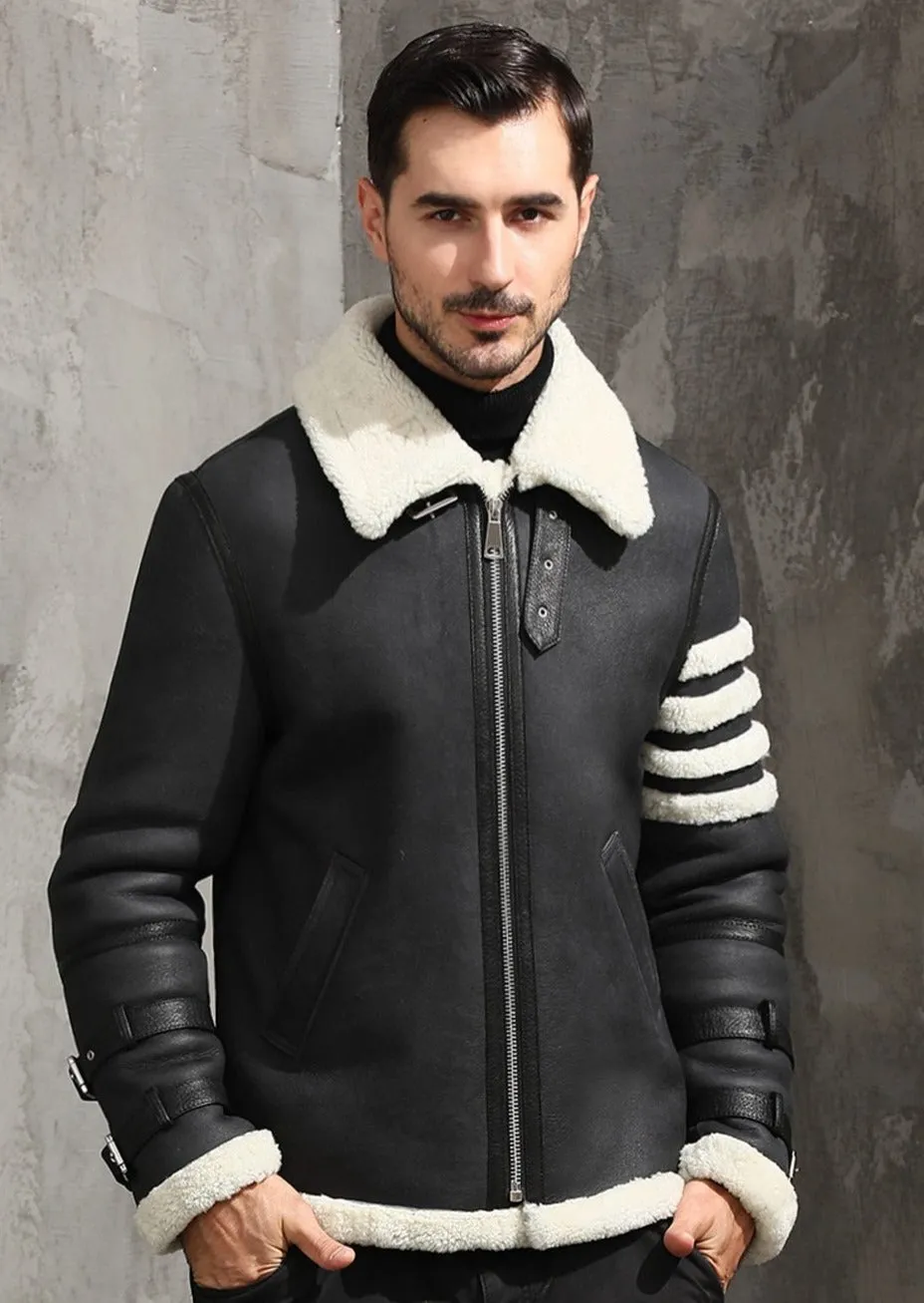 Black Genuine Leather Real Fur Shearling Slim Coat