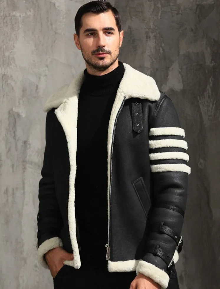 Black Genuine Leather Real Fur Shearling Slim Coat