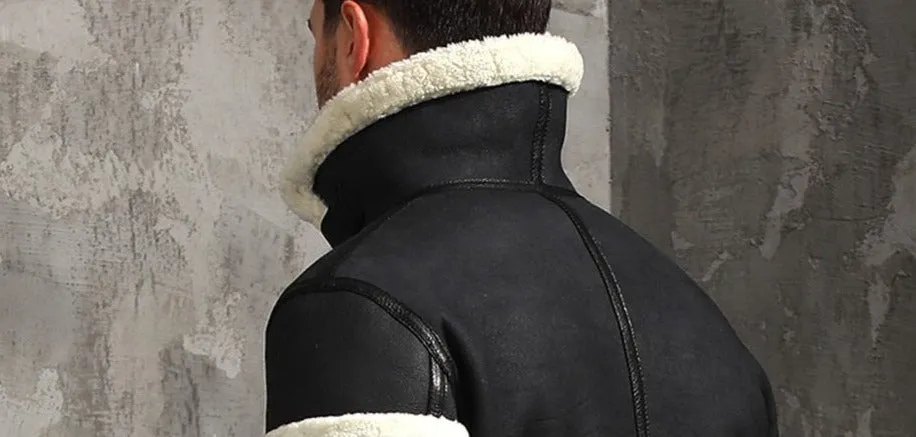 Black Genuine Leather Real Fur Shearling Slim Coat