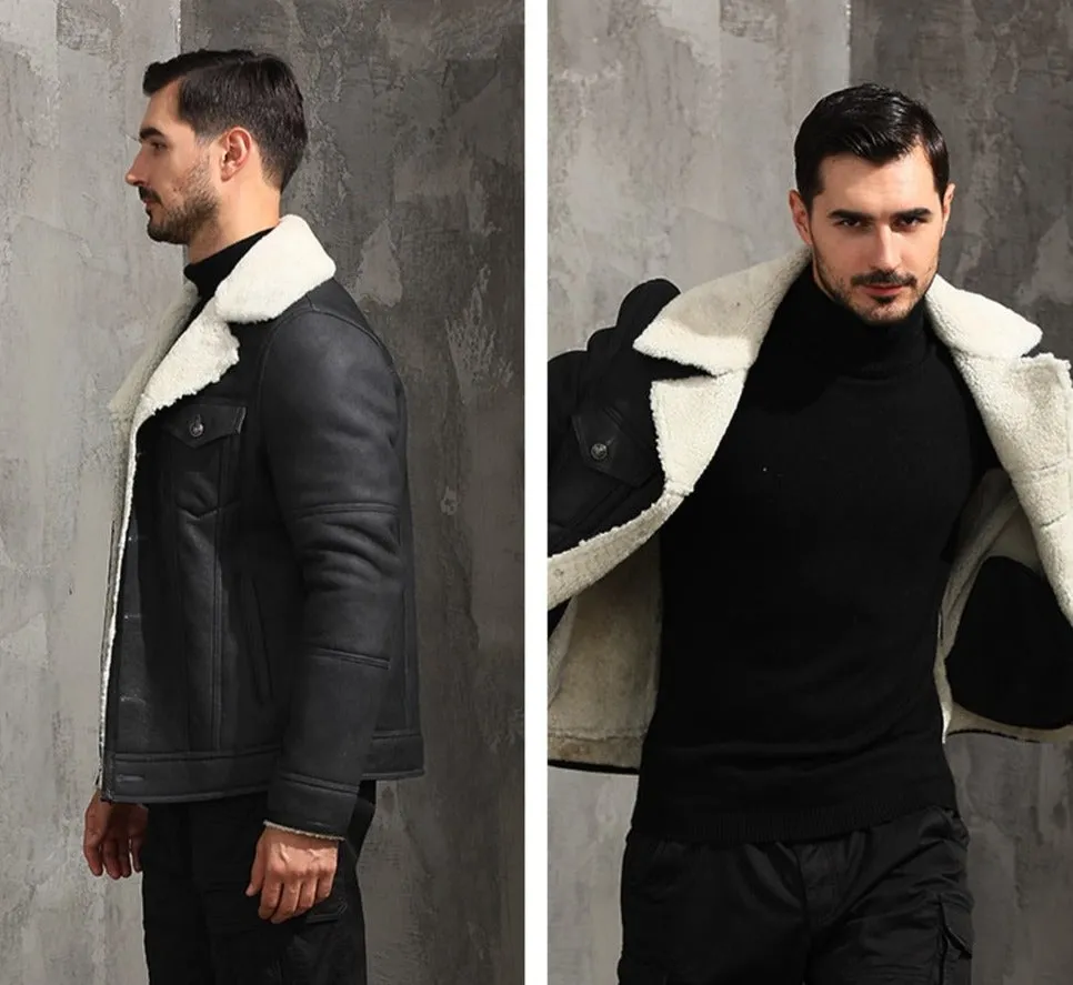 Black Genuine Leather Real Fur Shearling Slim Coat