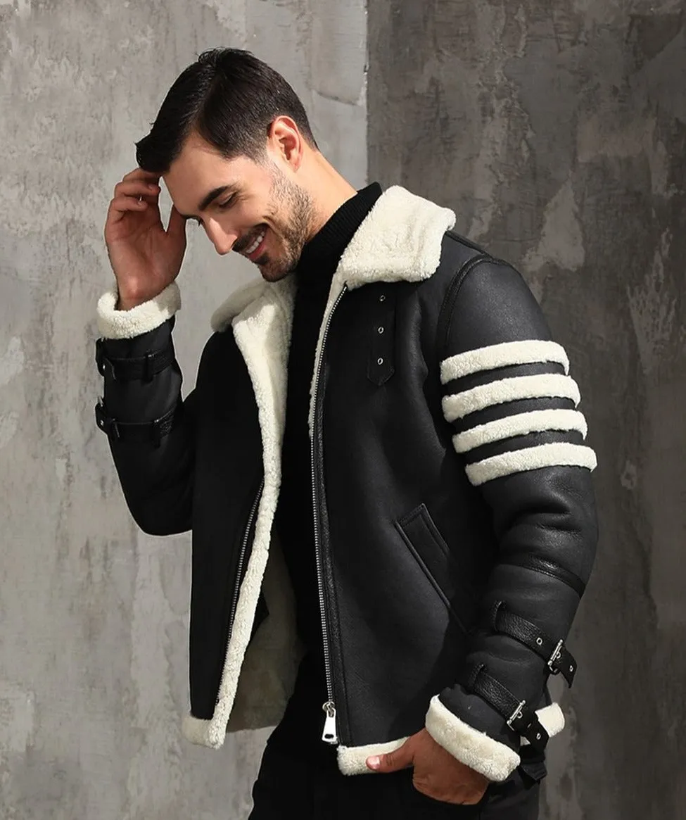 Black Genuine Leather Real Fur Shearling Slim Coat