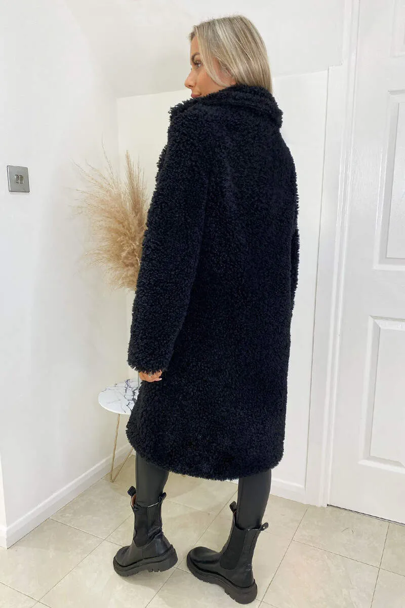 Black Long Line Teddy Faux Fur Coat