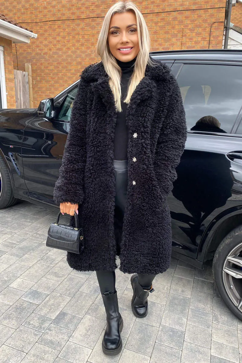 Black Long Line Teddy Faux Fur Coat