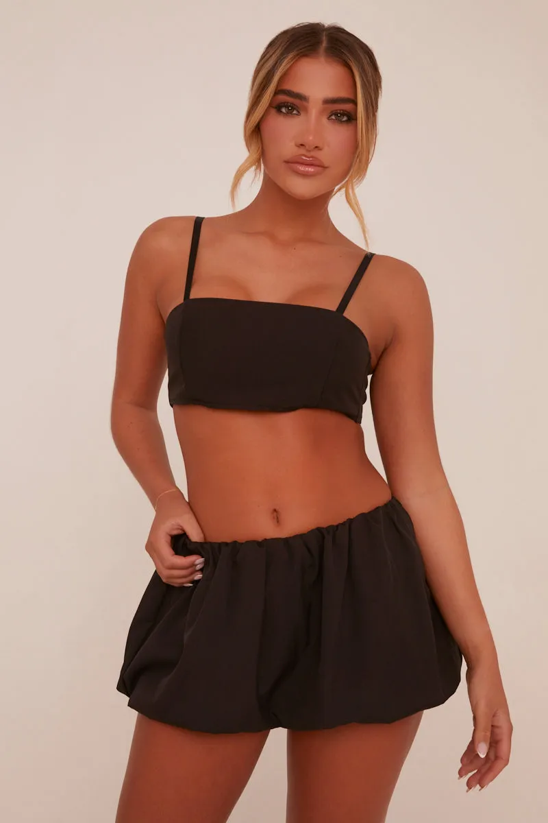 Black Puffball Cropped Top & Mini Skirt Co-ord Set - Minita