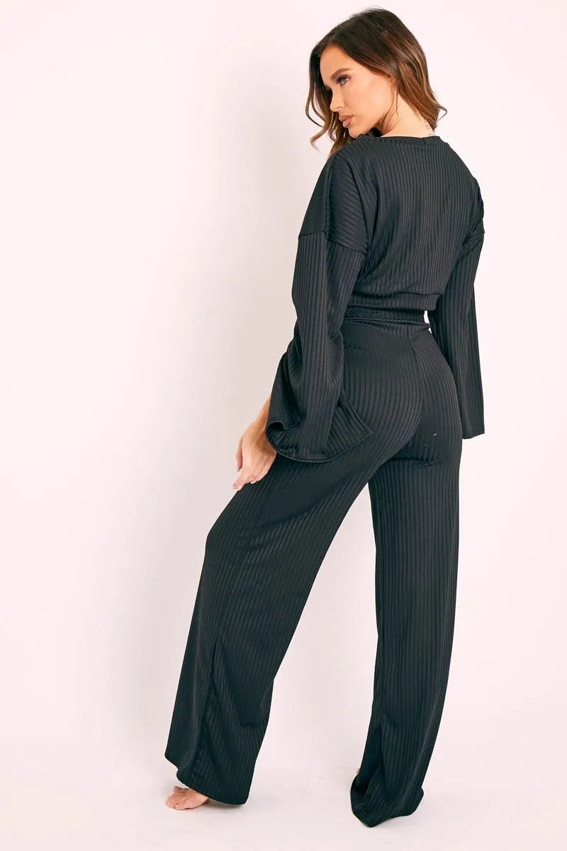 Black Rib Crop Jumper Tie Wide Leg Trousers Loungewear Co-Ord - Mirabel