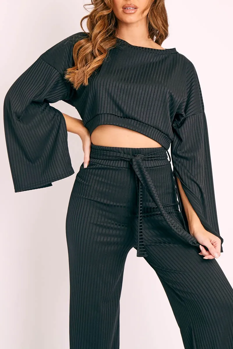 Black Rib Crop Jumper Tie Wide Leg Trousers Loungewear Co-Ord - Mirabel