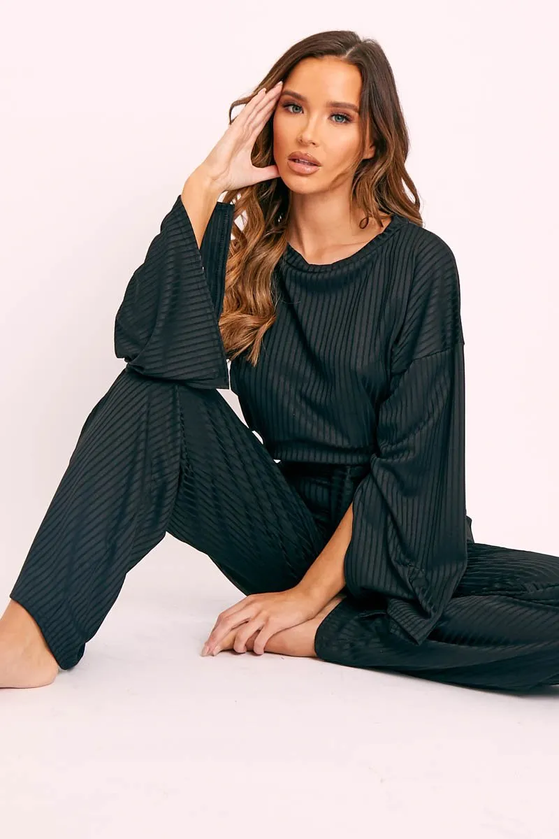 Black Rib Crop Jumper Tie Wide Leg Trousers Loungewear Co-Ord - Mirabel