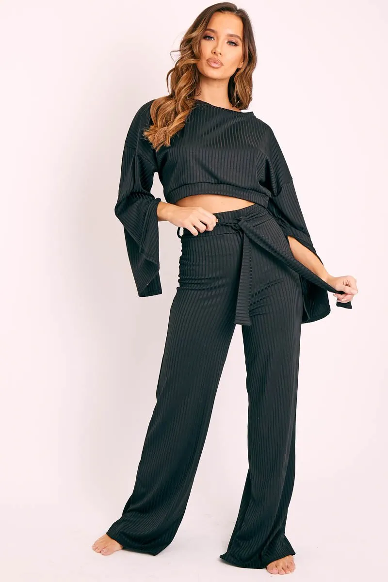 Black Rib Crop Jumper Tie Wide Leg Trousers Loungewear Co-Ord - Mirabel