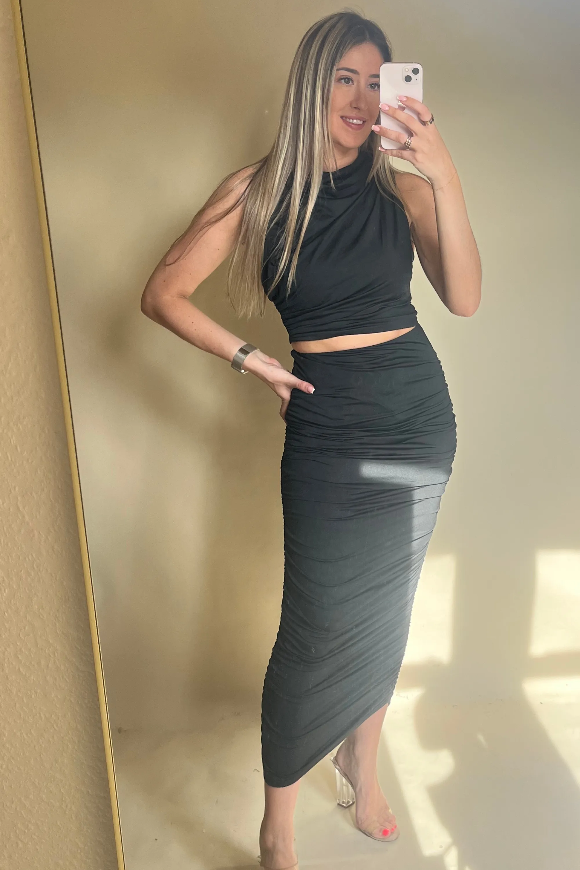 Black Ruched Maxi Skirt - Bodycon Fit