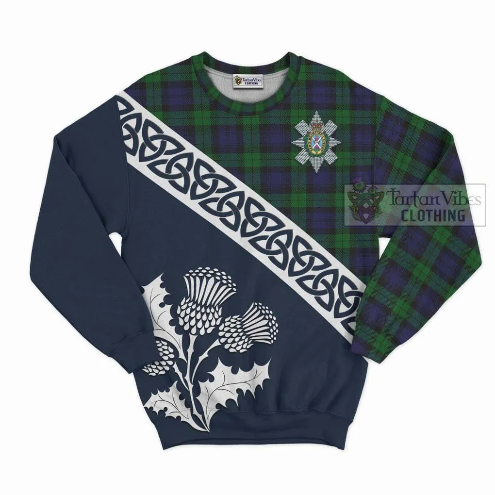 Black Watch Tartan Sweatshirt Featuring Thistle and Scotland Map