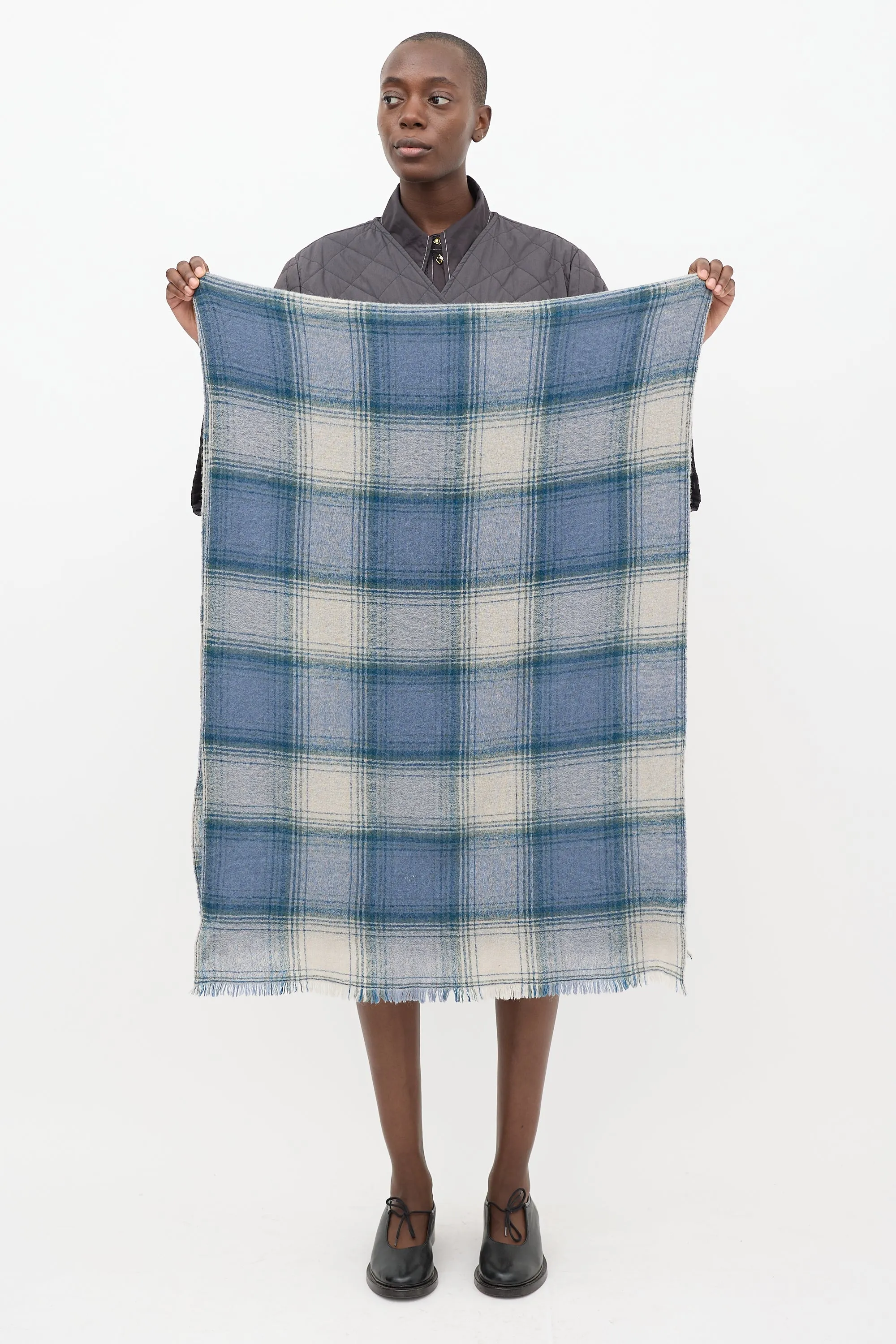 Blue & White Wool Plaid Suzanne Scarf