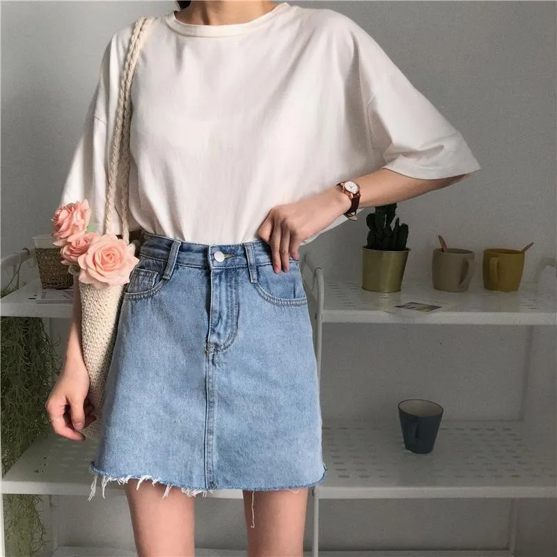 Blue Basic Denim Pencil Jean Skirt Ripped Edge With Hidden Shorts