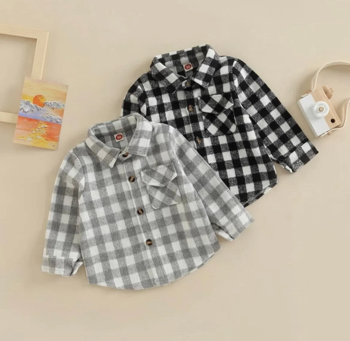 Boys Plaid Cotton Shirt - Black & White Check