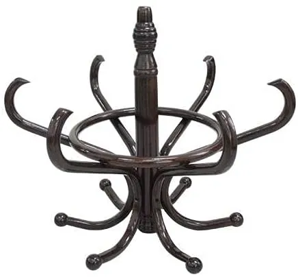 Brown Coat Rack with Stand Wooden Hat and 12 Hooks Hanger Walnut tree