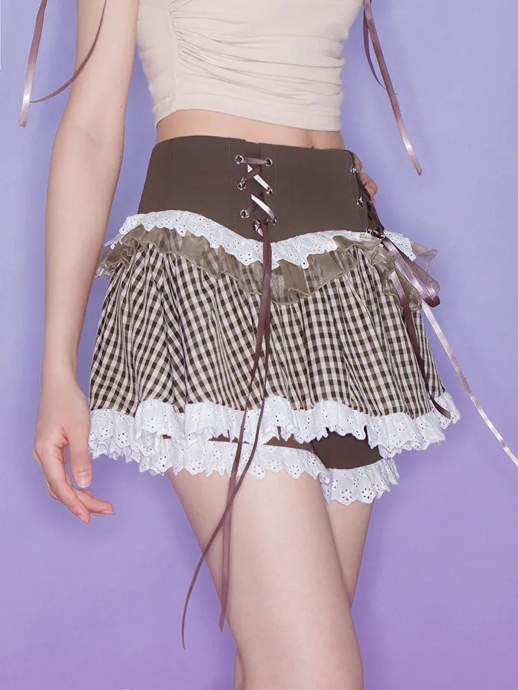 Brown lattice culottes A-line skirt【s0000002867】