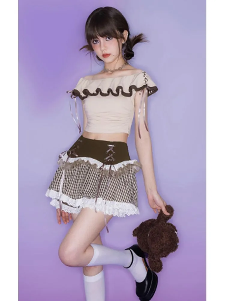 Brown lattice culottes A-line skirt【s0000002867】