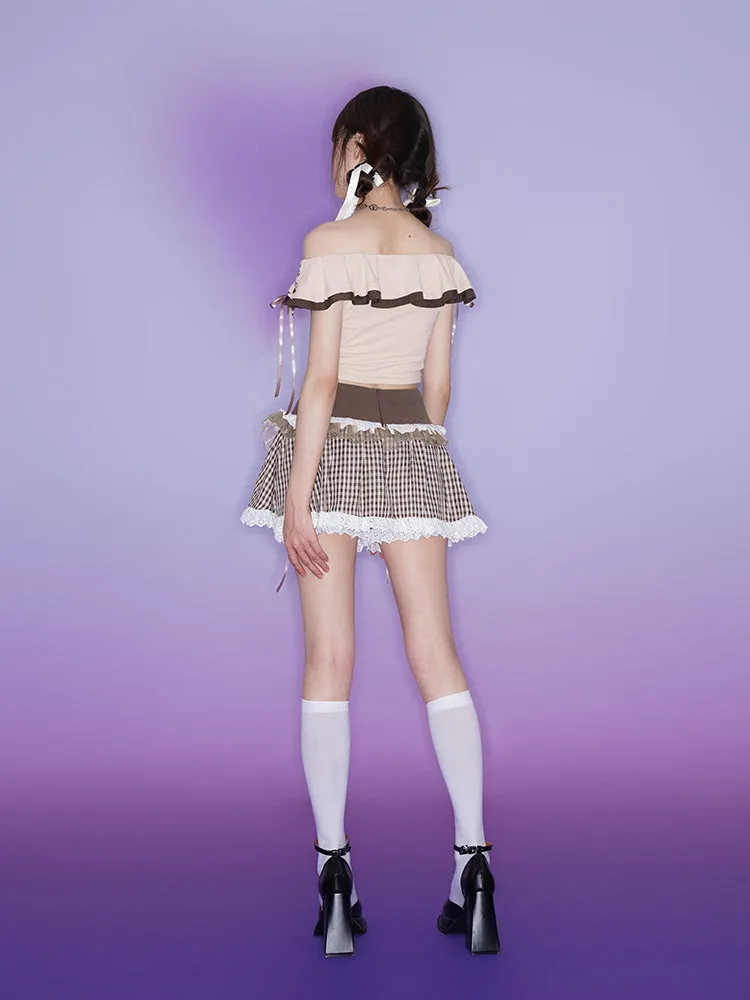 Brown lattice culottes A-line skirt【s0000002867】