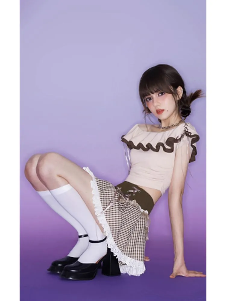 Brown lattice culottes A-line skirt【s0000002867】