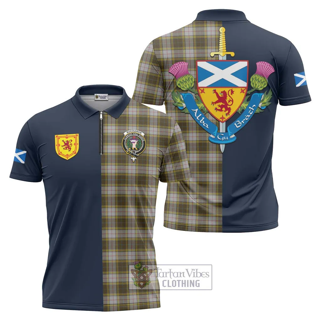 Buchanan Dress Tartan Zipper Polo Shirt Alba with Scottish Lion Royal Arm Half Style