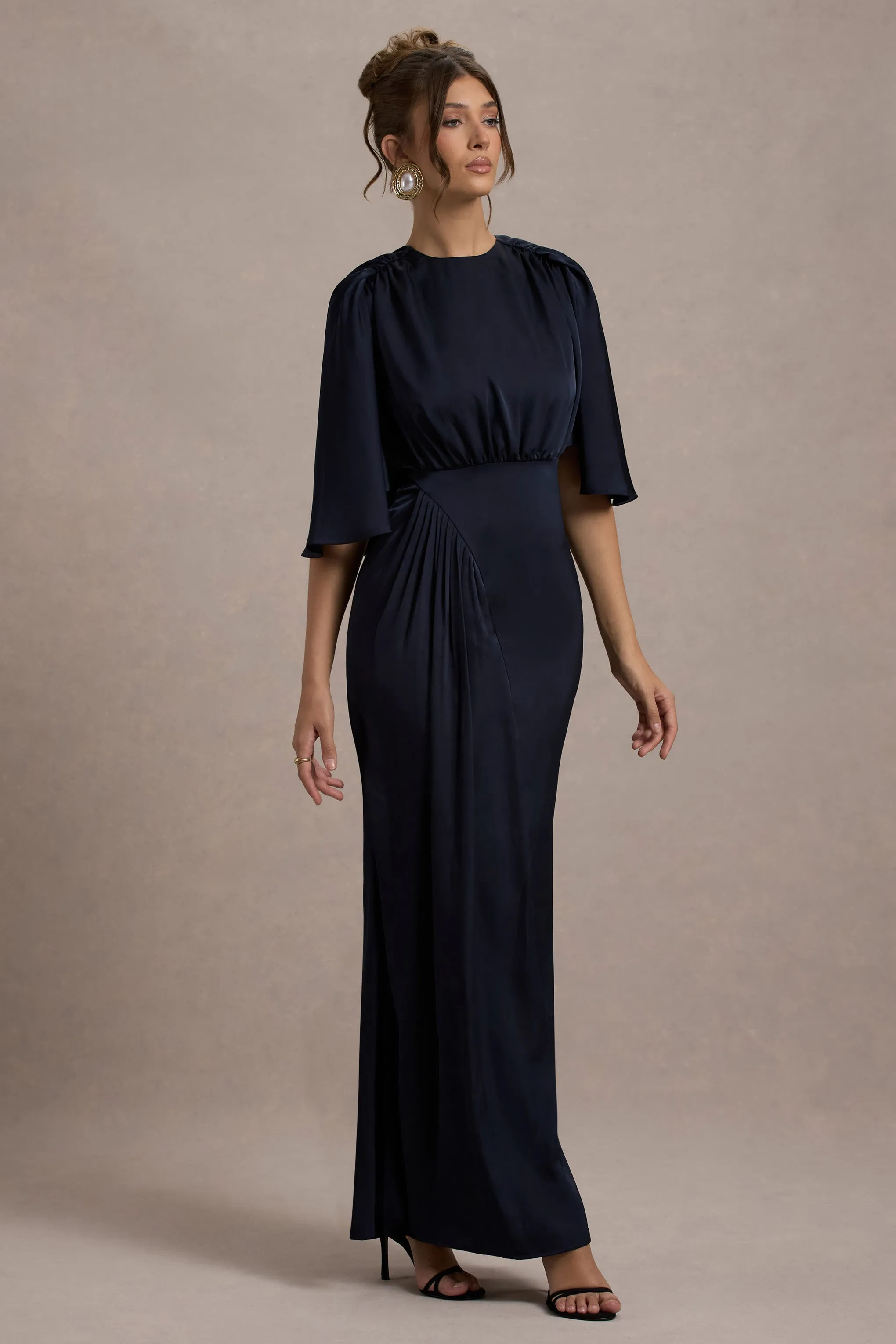 Cinder | Navy Satin Gathered Maxi Dress