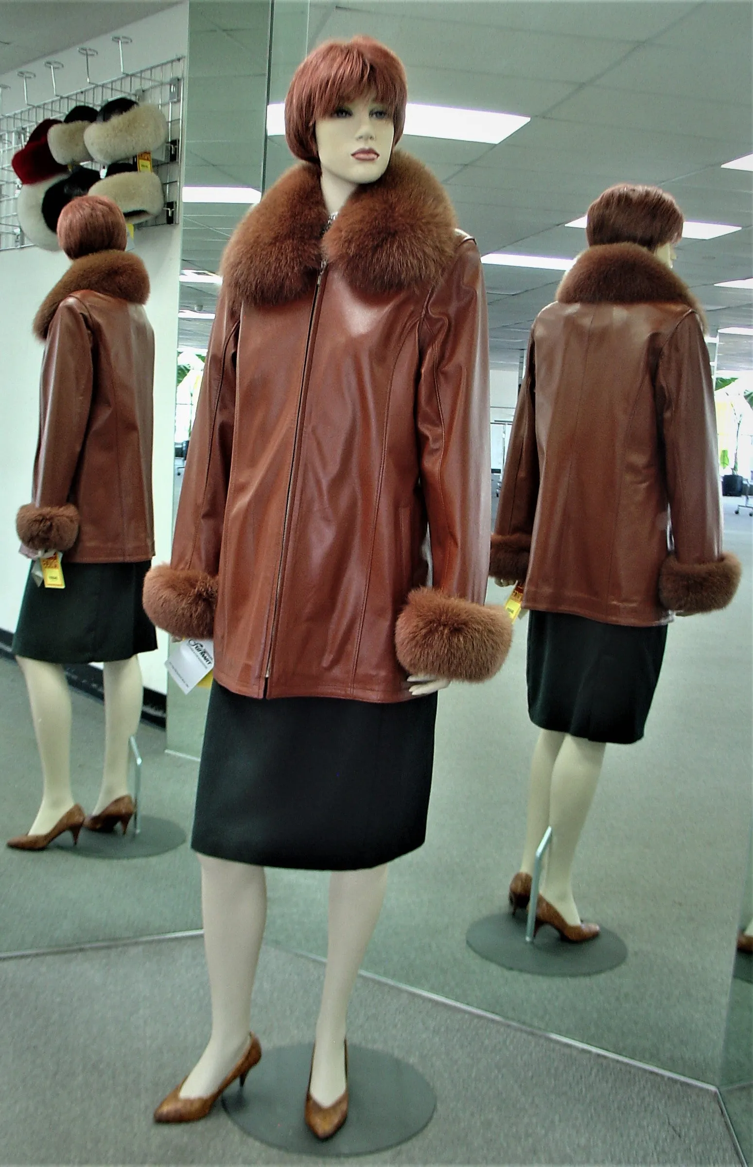 Cognac Lamb Leather Jacket, Detachable Fox Trim