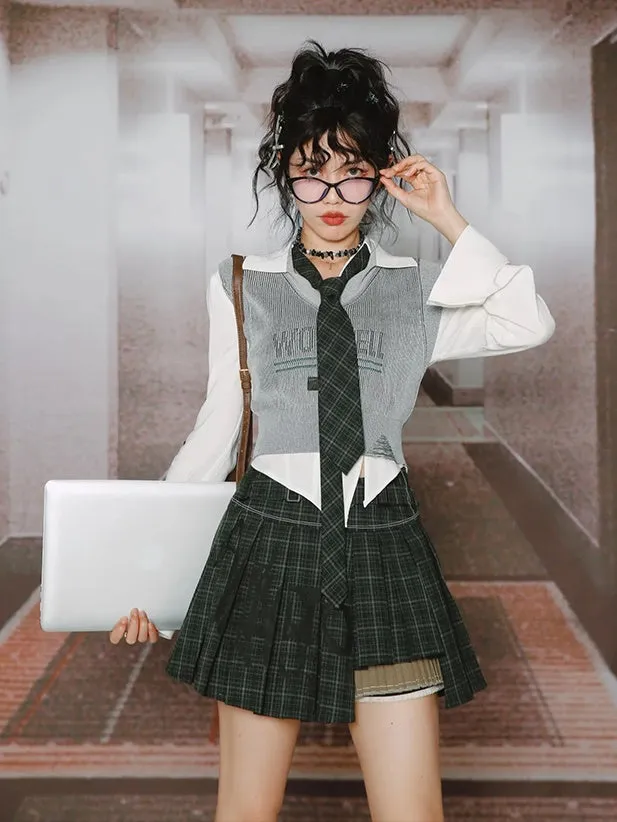 College British Style Shirt ＆＆Vest & Pleated Culottes ＆ Jacket【s0000003992】