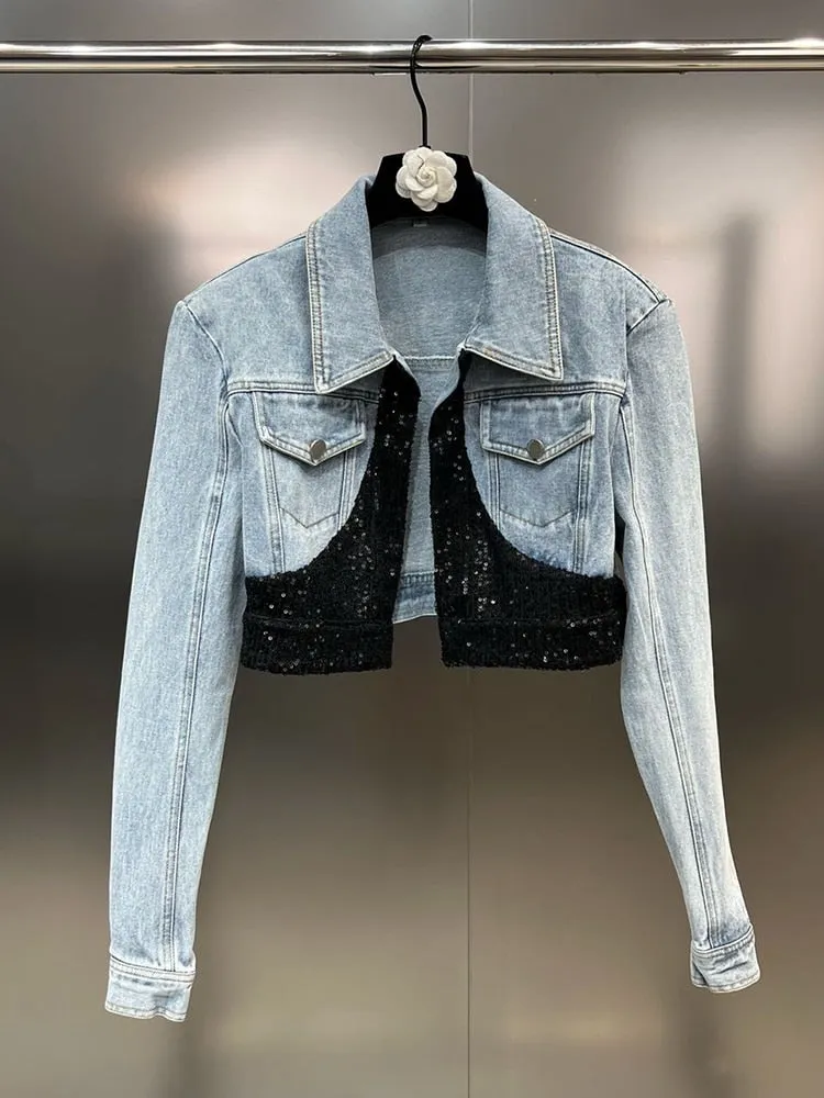 Colorblock Patchwork Sequins Denim Jackets For Women Lapel Long Sleeve Spliced Button Streetwear Jacket Female