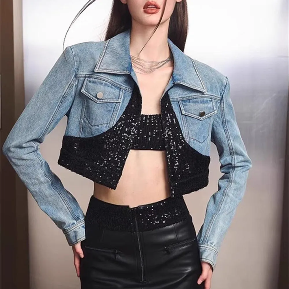 Colorblock Patchwork Sequins Denim Jackets For Women Lapel Long Sleeve Spliced Button Streetwear Jacket Female