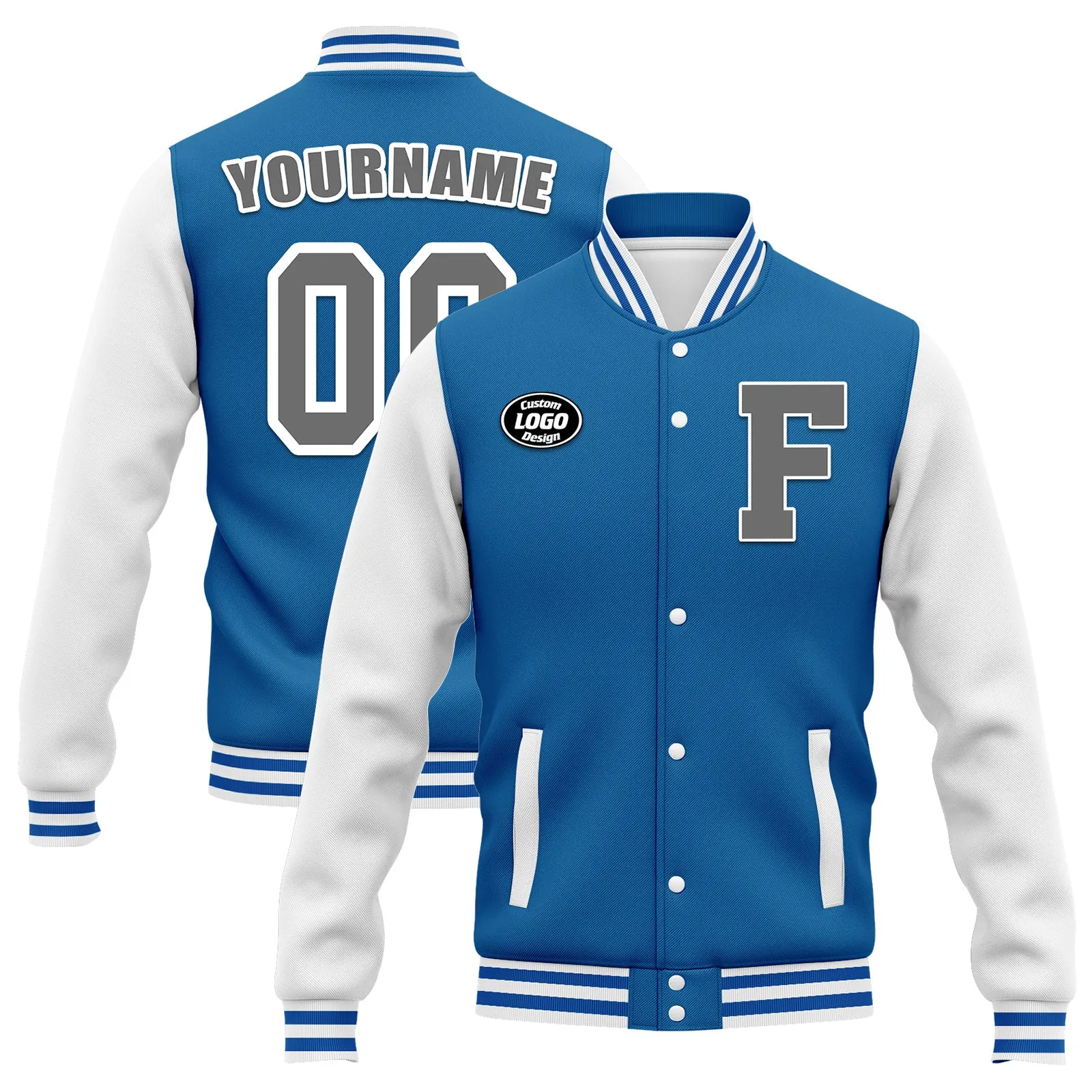 Custom Blue White Jacket Bomber Full-Snap Varsity Letterman Personalized Jacket FZ005-D020255-2