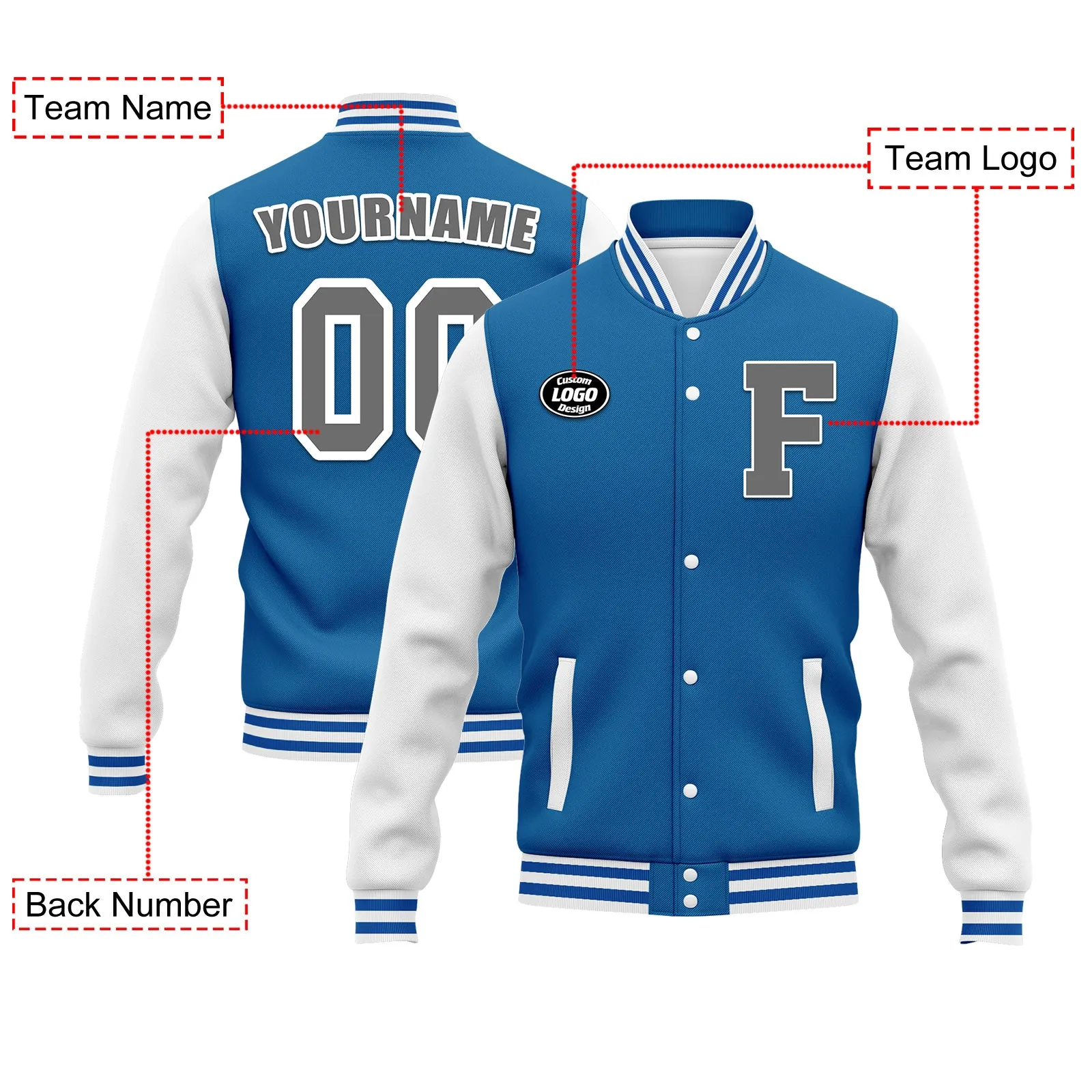 Custom Blue White Jacket Bomber Full-Snap Varsity Letterman Personalized Jacket FZ005-D020255-2