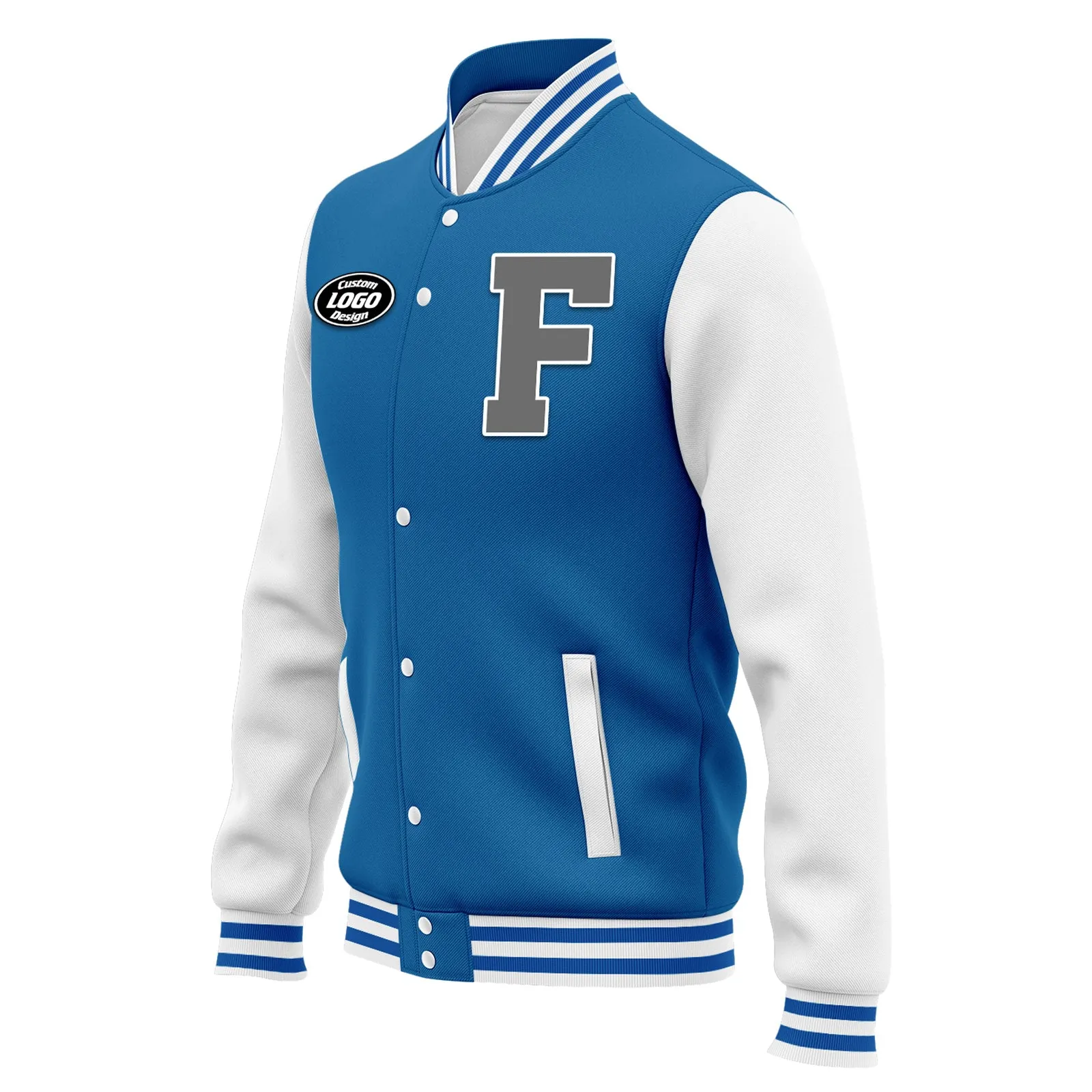 Custom Blue White Jacket Bomber Full-Snap Varsity Letterman Personalized Jacket FZ005-D020255-2