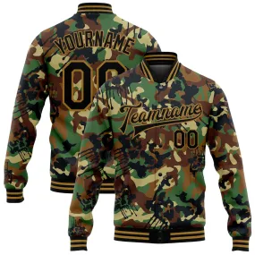 Custom Camo Black-Old Gold Graffiti Drips 3D Pattern Design Bomber Full-Snap Varsity Letterman Salute To Service Jacket